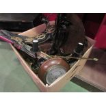 A box of miscellaneous including horse brasses, barometer and electrolier etc.