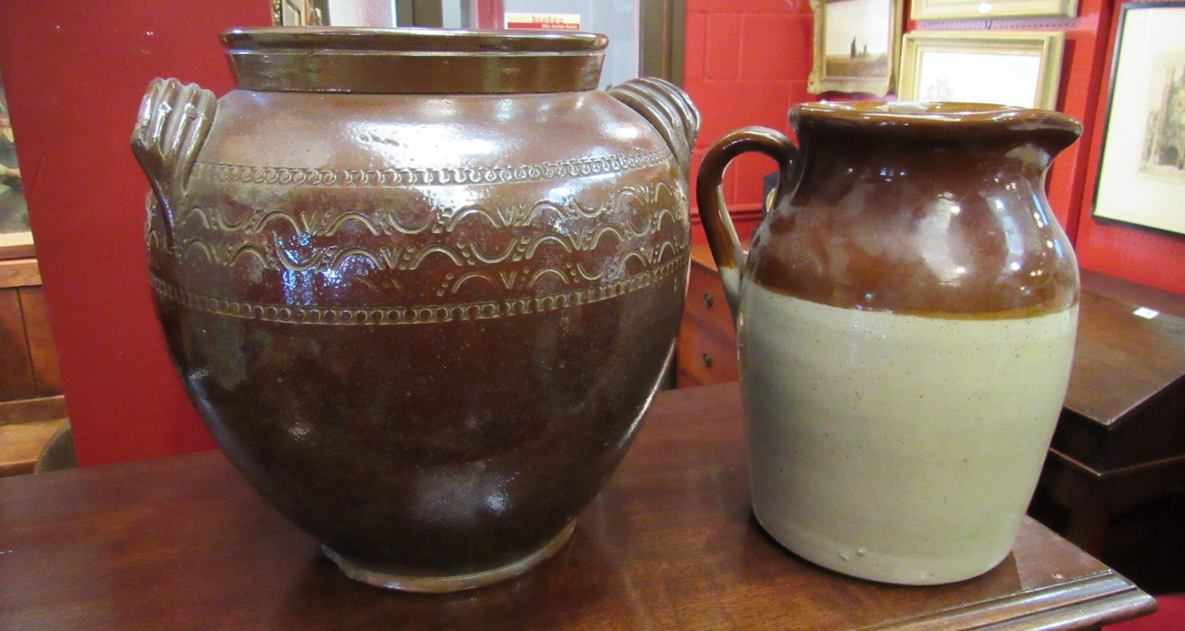 A brown salt glazed pot and jug