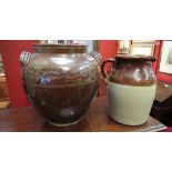 A brown salt glazed pot and jug