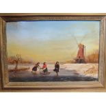 A 19th Century naive oil on board of skating and sledging on lake, gilt framed, 18cm x 26.