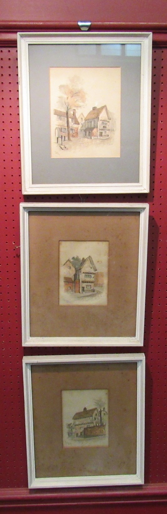 Three watercolours of Elm Hill, Norwich depicting Britons Arms,