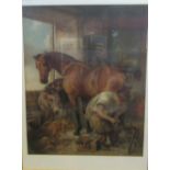 Pears coloured print Farrier at work with horse, donkey and dog, framed and glazed,