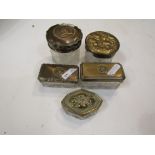 Five variously designed moulded-glass dressing-table boxes with metal top,