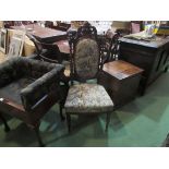 A French walnut chair with carved and turned decoration on turned legs and wooden castors