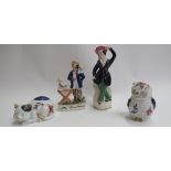 Two Staffordshire figures and a cat and owl figure (4)