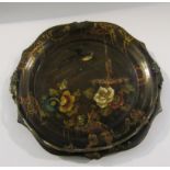 A Victorian paper-maché swing handled dish with handpainted, flower, fountain and bird detail.