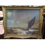 BARBARA HALL "Old Wherry on the Bure" oil on canvas board, gilt framed,
