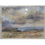 Robert Huher?: A large gilt framed watercolour landscape with trees and hills to background,