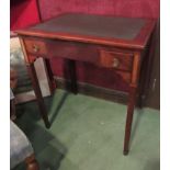 A French fruit wood 19th Century writing desk of two drawers on square tapering brass cap footed