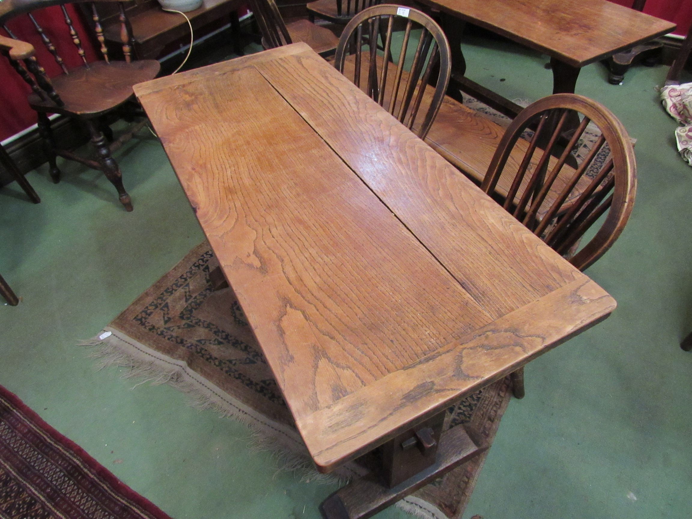 An elm 20th Century oak trestle table, - Image 2 of 2