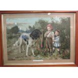 Pears coloured print "Friend of Foe" in maple frame,