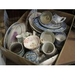 A box of mixed ceramics mostly 19th Century saucers, cups,