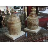 A pair of 19th Century Alabaster lidded urns with square marble stands,