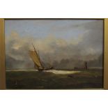 An oil on board of seafaring scene and windmill, monogrammed WHW, gilt classical frame,