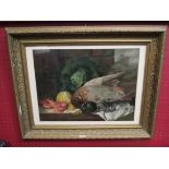 Pears coloured print still life, cabbage, lemon, shrimps and duck in ornate gilt frame,