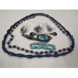 A collection of lapis lazuli and turquoise-set costume jewellery