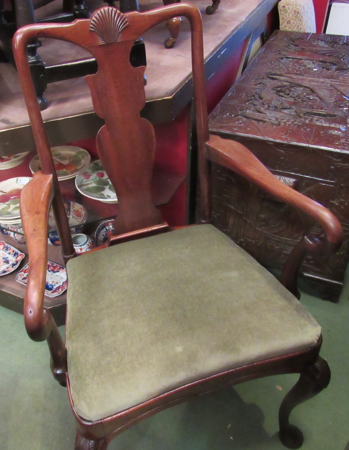 A George II style mahogany elbow desk chair the vase shape central splat and shepherd's crook arms - Image 2 of 2