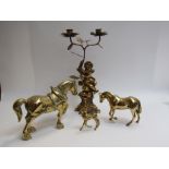 A gilt cherub floral candlestick and horse figures (4)