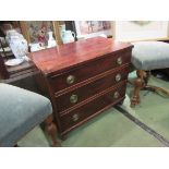 A Regency mahogany miniature chest of three drawers with ring drop handles, one handle loose,