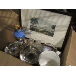 A mixed lot of silver plate, ceramics including Silver Jubilee tankard, sauce boat, cruets,