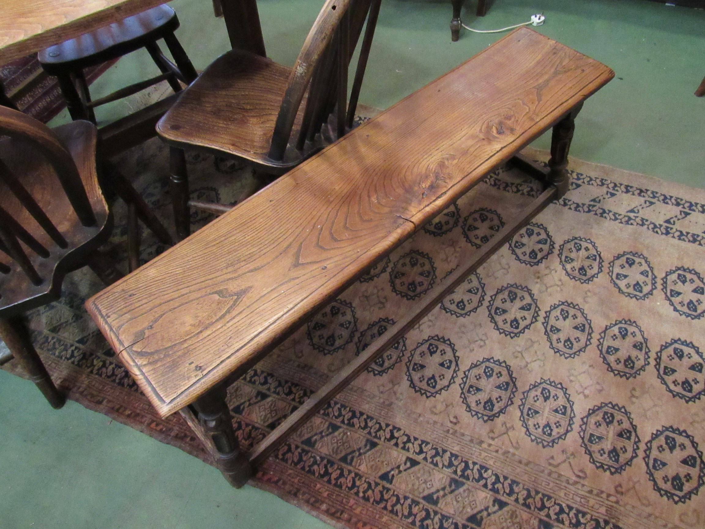 A 19th Century elm topped long stool/bench with carved and turned legs to H-stretcher, - Image 2 of 2