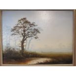 JACK PULFER: Oil on canvas, grey Heron by pond in misty landscape,