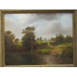 A 19th Century naive oil on board of mother and child beside river, gilt framed, 28cm x 36.