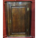 An oak single door wall hanging corner cupboard with painted interior and key,