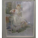 ROBERT HUNT (1934-2014) A framed and glazed pastel on paper, young girl with jug of milk. Signed.