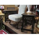 A pair of pegged oak joined stools with chip carved seat over fretwork friezes on turned legs