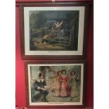 Two Pears coloured prints "Impudent Hussies!" and "Happy as a King" in oak reeded frames,