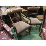 A set of six (4+2) Regency style mahogany dining chairs with carved back rest bar over turned and