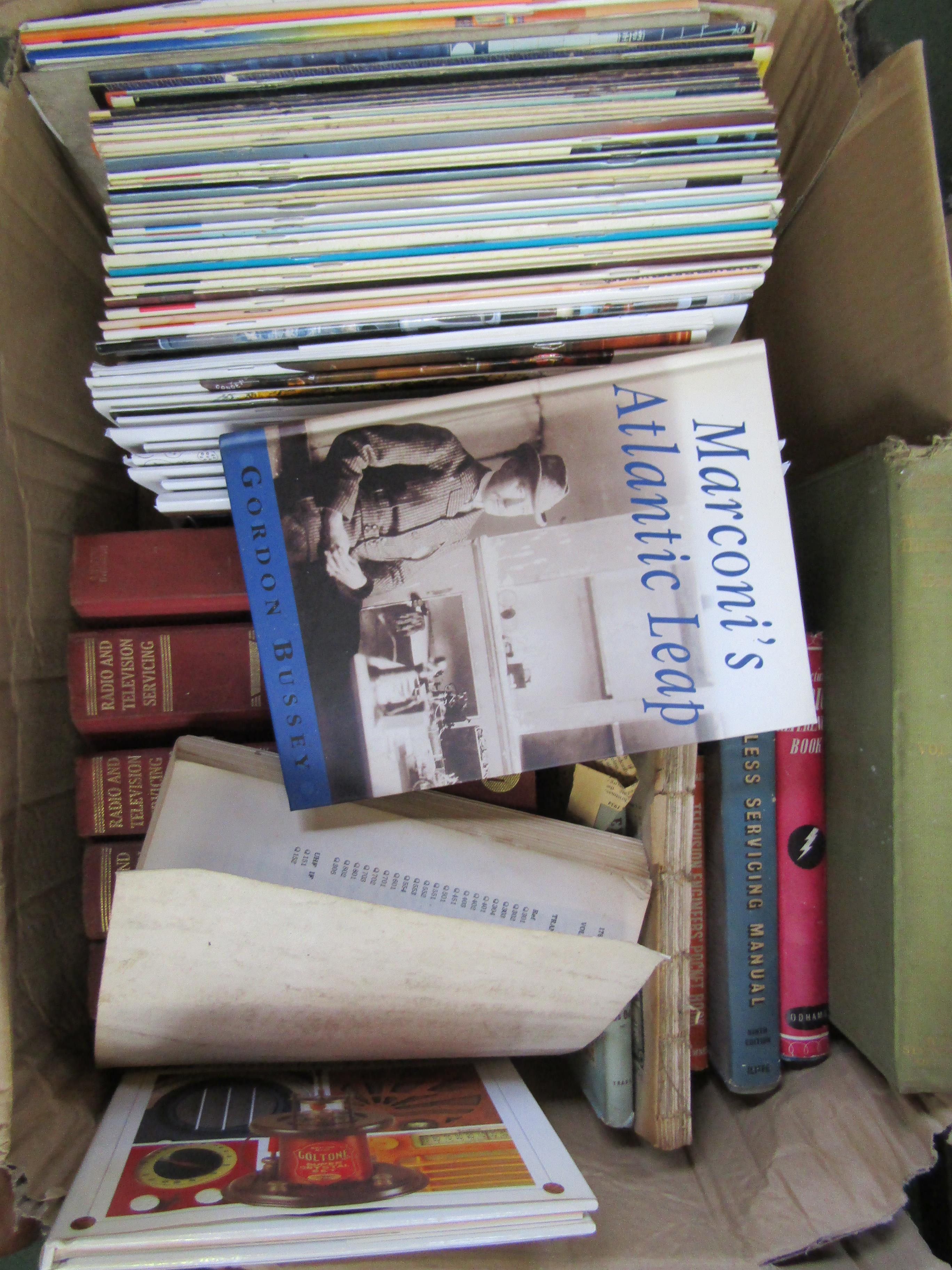 Three boxes of mixed radio and television related books including Marconi and servicing manual