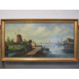 A gilt framed oil on canvas, Dutch river scene with windmill to foreground.