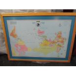 A framed and glazed poster - "Gregory's Down Under" map of the world.