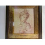 A sepia style print depicting a maiden of classical form, framed and glazed,