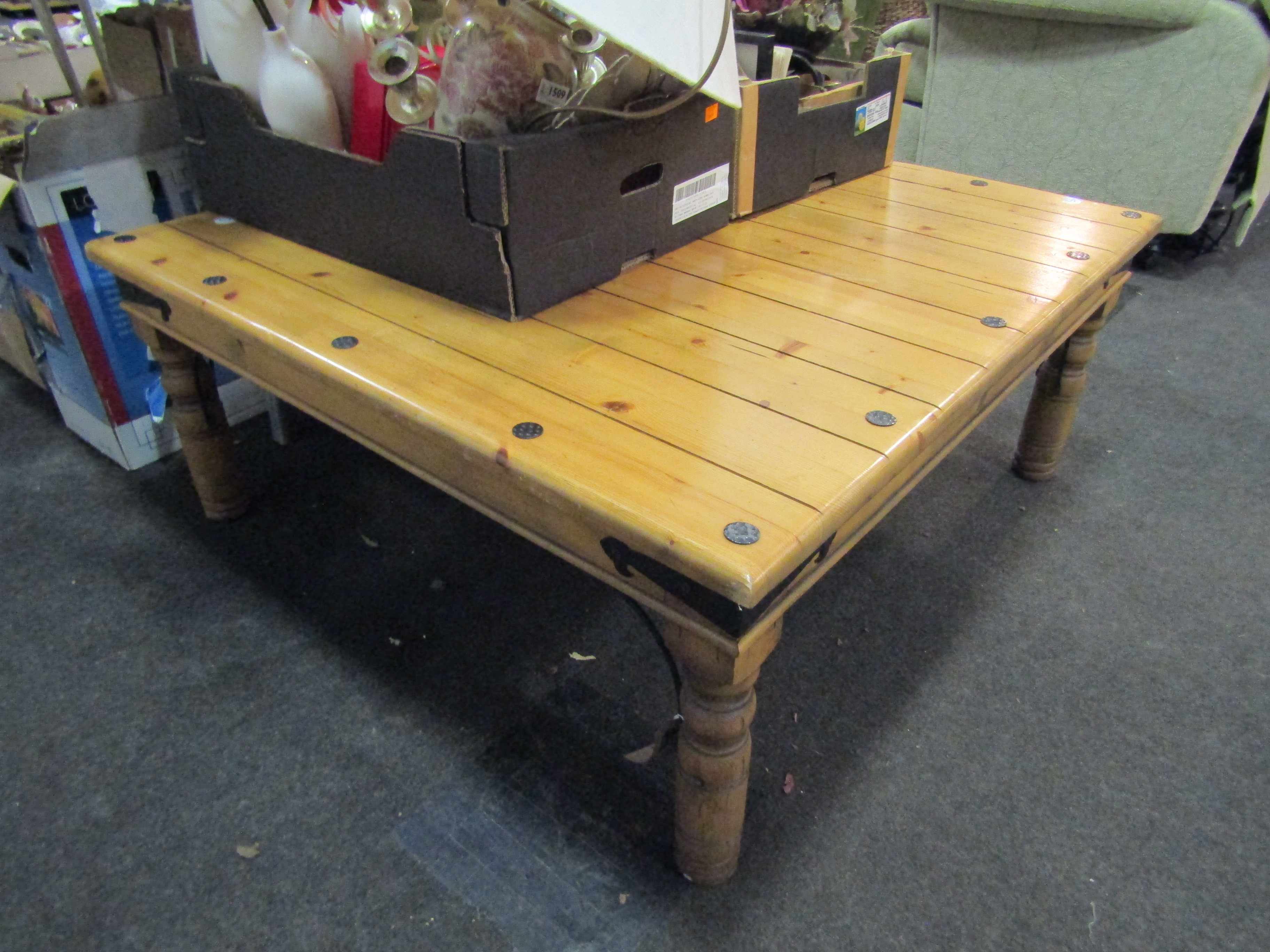A metal studded pine square form coffee table,