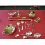 A selection of brass and plated wares including watering can, egg timer, nutcracker, shoe horns etc.