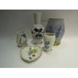 Five pieces of Radford pottery - bulbous vase, blue ground with blue and yellow flowers, 18cm tall,