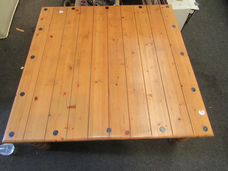 A metal studded pine square form coffee table, - Image 3 of 3
