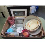 A box of miscellaneous including ceramics, books, glassware, pictures, Beswick,