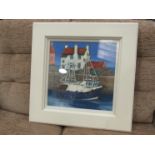 "Blue Fishing Boat, Pitten Weem" Oil by Nancy McHarg, circa 2004, framed, glazed and signed,