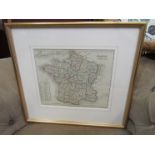 An early 19th Century engraved map of France with hand coloured Provinces, gilt frame,