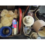 Two boxes of mixed items including large blue vase, teddy bear, door handles,