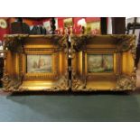 Two miniature oils on board depicting fishing vessels in heavy gilt frames, 6cm x 8.