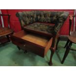 An Edwardian mahogany quarter veneered dressing table stool the single base drawer on pad foot