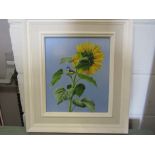 "Blue Tit on Sunflower" Original oil painting by Andrew Tewson, dated 1963, framed and glazed,