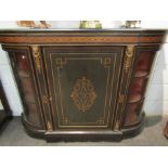 A Victorian ebonised credenza, marquetry inlaid banding, ormolu mounts,