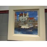 "Blue Fishing Boat, Pittenweem" Oil by Nancy McHarg, circa 2004, framed, glazed and signed,