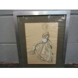 A heightened watercolour depicting lady of fashion,